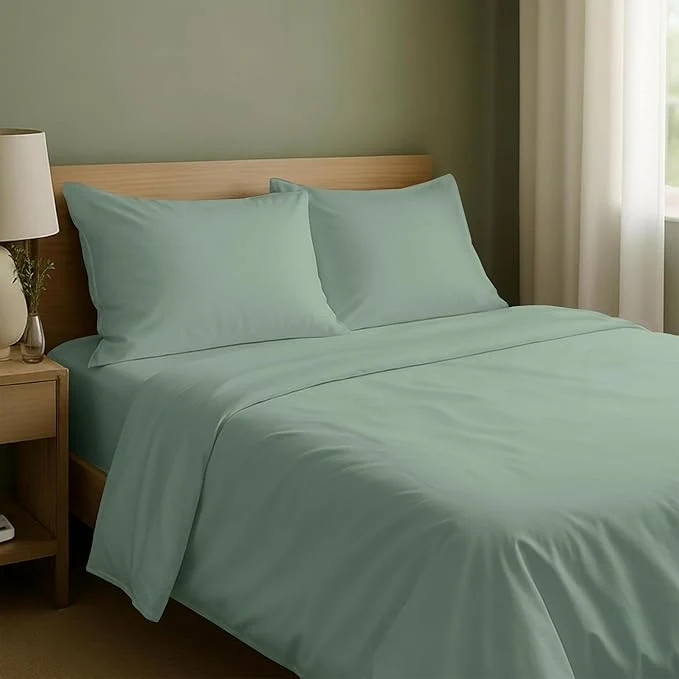 Authentic California Design Den Deep Pocket Queen Sheets Set - Natural Cotton Bed Sheets Soft Sateen Weave All Around Elastic Breathable and Durable Bedding - Frosty Green Premium