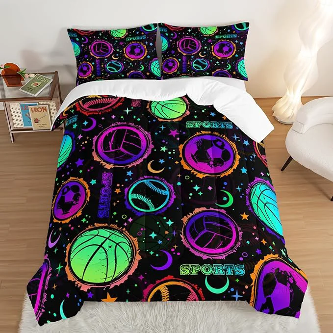 Fine Ball Games Bedding Basketball Football Baseball Full Comforter Set Colorful Neon Stars and Moon Bedding Set for Kids Girls Boys Room Decor Sports Aesthetic Bedding Sets with 2 Pillowcases. Outstanding