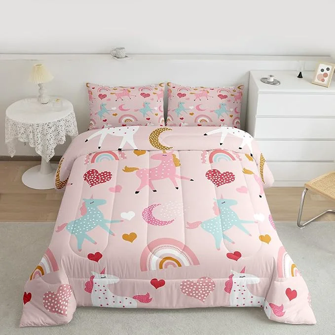 Powerful Feelyou Girls Unicorn Comforter Set Queen Size Kids Cute Pink Rainbow Horse Decor Comforter for Unicorn Lover Daughter Bedding Set Boho Star Moon Duvet Set 1 Comforter 2 Pillowcases Queen Crafted