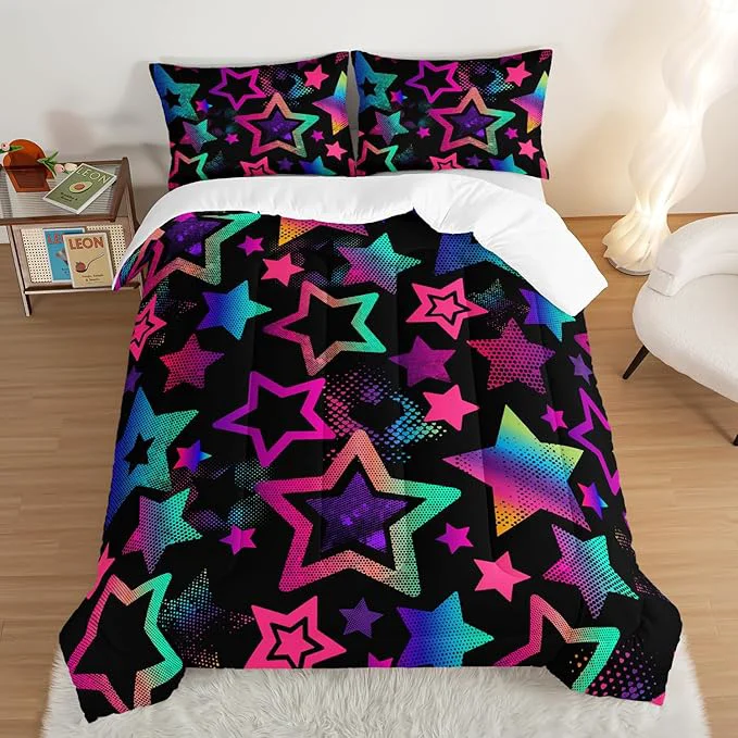 Premium Material Kawaii Color Star Comforter Set Kids Bedroom Set Neon Light Star Bedding Full Size Comforter Sets for Boys Girls Room Decor Aesthetic Bedding Sets with 2 Pillowcases. Fashionable
