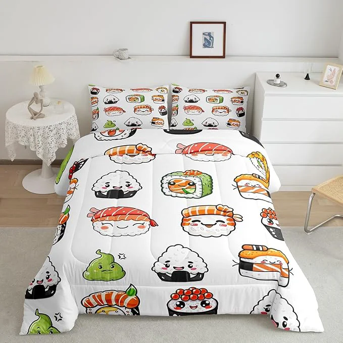 Eco-Friendly Feelyou Sushi Pattern Comforter Set Japanese-Style Bedding Set for Kids Boys Girls Teens Food Theme Comforter Cute Cartoon Japanese Sushi Duvet Set Room Decor Quilt Set Twin Size Microfiber Modern