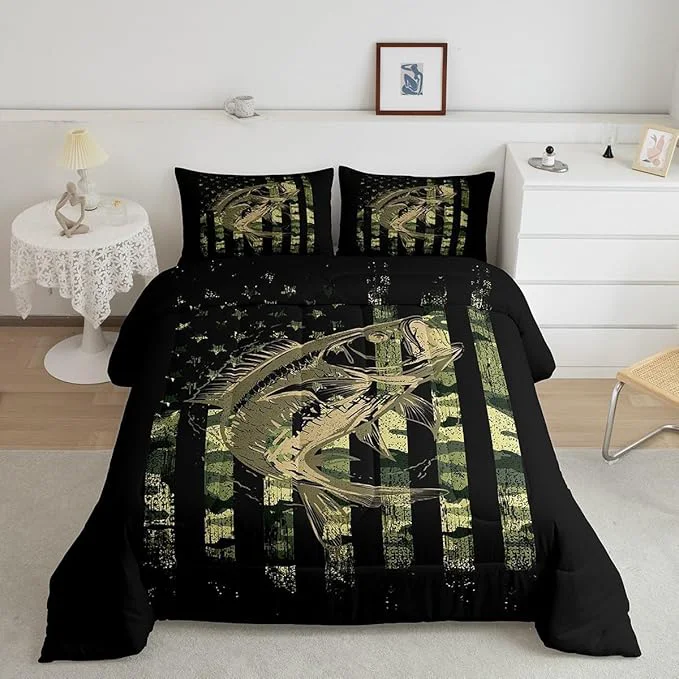 Elite Feelyou Green Black Camouflage Comforter Set Fish Camo American Flag Bedding Set for Women Men Room Farmhouse Fishing Decor Comforter Wild Quilted Set 2Pcs Toddler Size Artisan