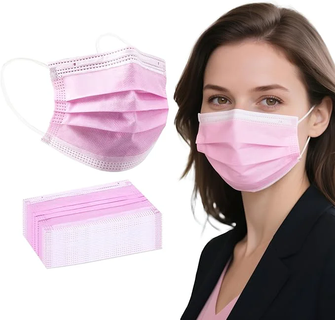 Detailed akgk 100PCS Pink Disposable Face Masks 3-Ply Breathable Pink Face Mask Recyclable