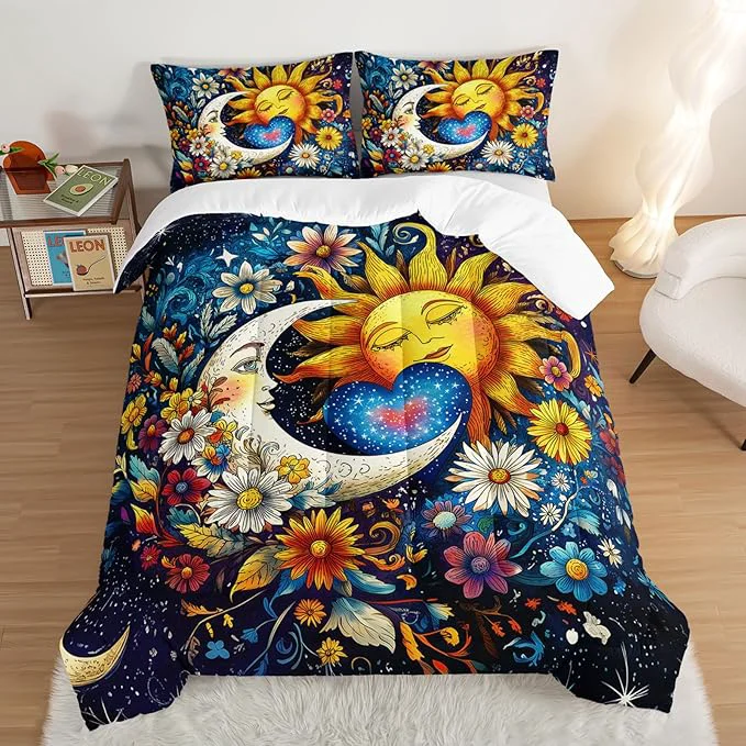 Comfortable Bedding Sun and Moon Set King Size Colorful Flowers Bohemian Exotic Gothic Comforter Sets for Kids Teens Girls Room Decor Universe Galaxy Bedding with 2 Pillowcases. Smart