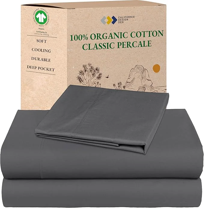 Sustainable California Design Den Twin Sheets Set - Deep Pocket Organic Cotton Sheets Cool amp Crisp Percale Durable Bedding Set - Grey High-Quality