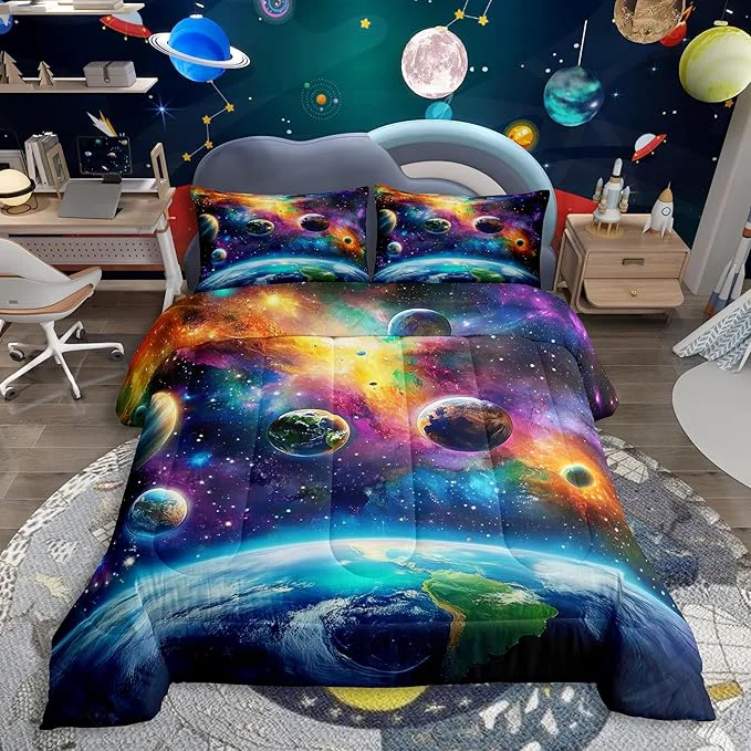 Functional Feelyou Universe Galaxy Comforter Set Full Size Kids Planets Earth Bedding Set Boy Girl Teen Solar System Comforter Breathable Outer Space Duvet Set Nebula Quilt Set Expertly Made