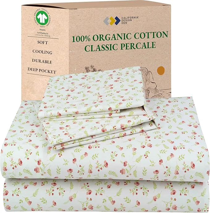 Original California Design Den Cal King Floral Sheet Set Organic Cotton Percale Sheets Deep Pocket California King Sheets amp Pillowcase Set - Floral High-Quality