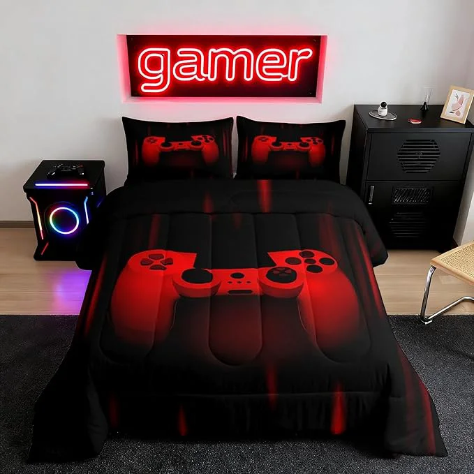 Smart Feelyou Twin Comforter Set for Boys Gamer Bedding Set for Boys Kids Gaming Comforter Red Black Teen Child Gamer Room Decor Soft Game Geometric Duvet Quilted 1 Comforter with 1 Pillowcase Gamer Gifts Recyclable