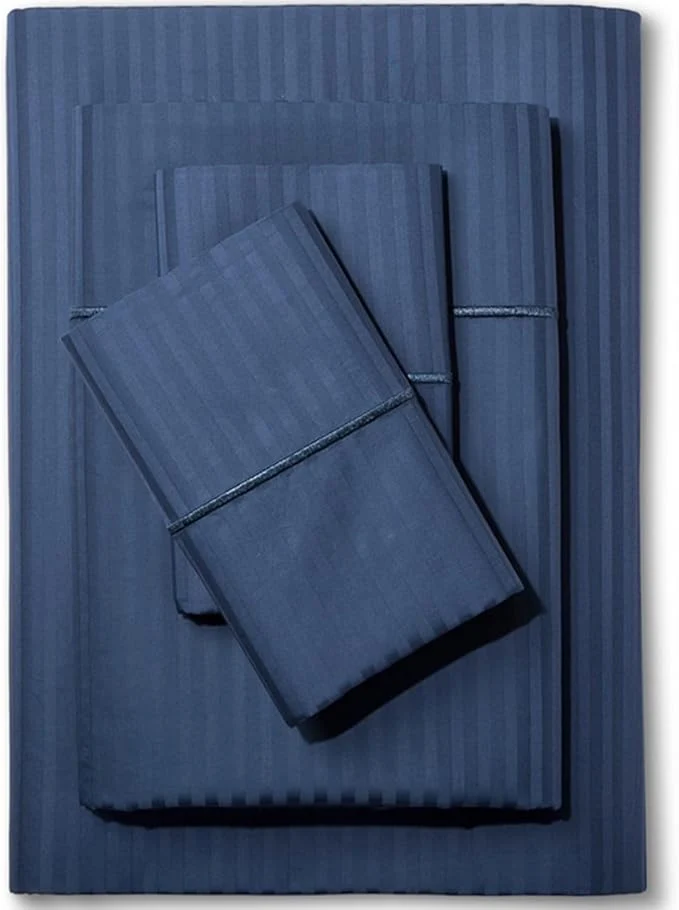 Natural Feather amp Stitch 500 TC King Size Damask Bed Sheet Set Cotton Soft Breathable Bedsheets 4 Piece 18 quot Deep Pockets Sateen Weave Striped Bedding Mattress Resort Hotel - Dark Blue Stripe Dependable