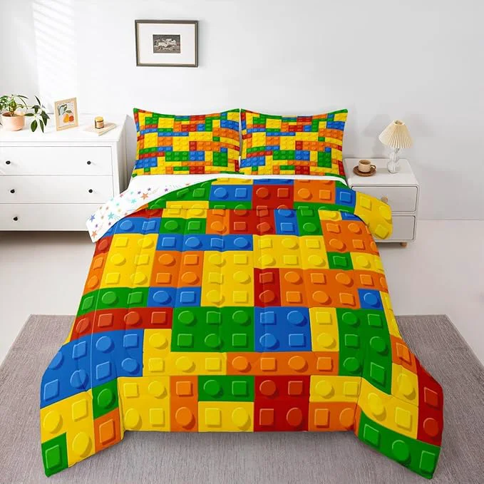 Reusable Feelyou Games Comforter Set King Building Blocks Bedding Set for Kids Boys Girls Colorful Geometric Toy Brick Comforter Gaming Nursery Quilt Duvet Set with 2 Pillowcase Boys Premium Material