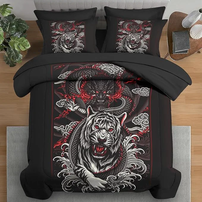 Durable Comforter Set Twin Size Tiger Dragon 5 Pcs Bedding for Kids and Adults Black and Red Bed Sheet Sets with Fitted Sheet Pillowcase amp Sham for Bedroom Bed Decor Expertly Made