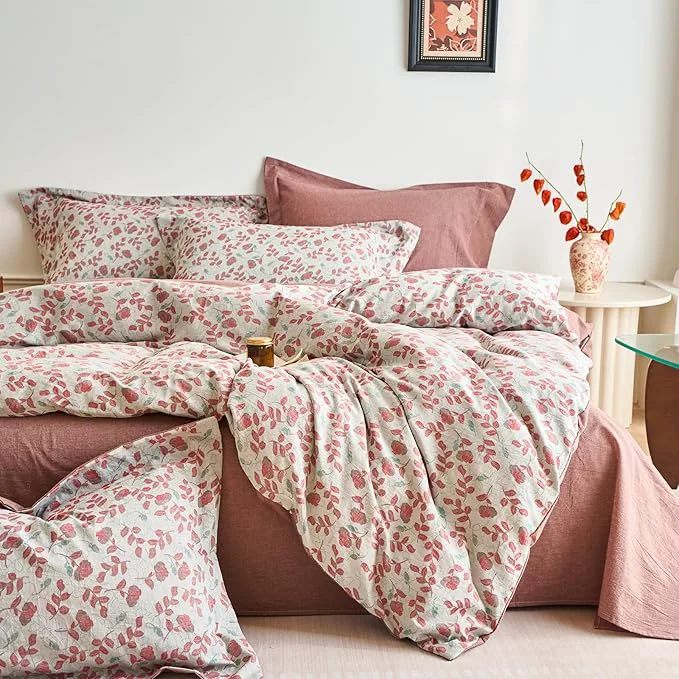 Healthy mixinni Washed Cotton Duvet Cover Set Reversible Vintage Floral Jacquard Textured Comforter Cover Boho Farmhouse Bedding Set with Zipper Closure for All Season Queen Size Fashionable