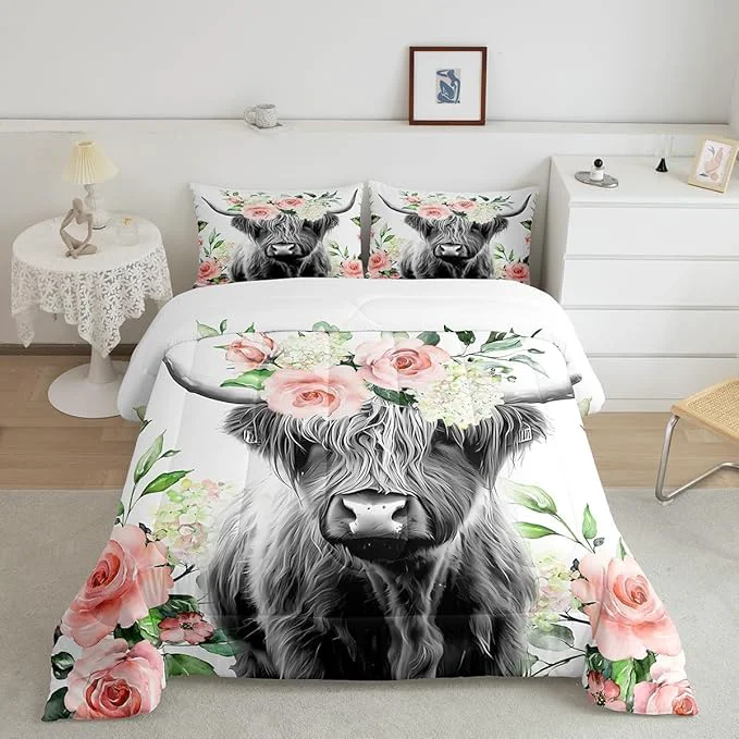 Modern Feelyou Highland Cow Bedding Set Kids Rose Floral Bull Cattle Comforter Set for Girls Teens Western Wildlife Animal Comforter Farmhouse Duvet Set Room Decor Quilt Set Toddler Size High-Grade