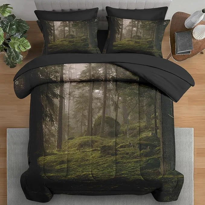 High-Quality Comforter Set King Size Tree Forest 7 Pcs Bedding for Kids and Adults Mystic Mountain Plant Leaf Bed Sheet Sets with Fitted Sheet 2 Pillowcases amp 2 Shams for Bedroom Bed Decor Modern