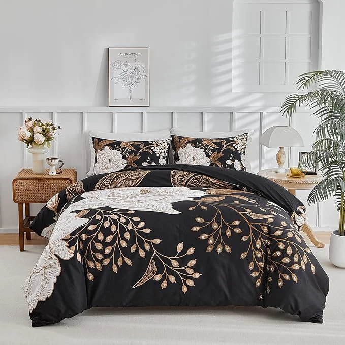 Flexible mixinni Floral Duvet Cover King Size 3 Pieces White Flowers and Gold Leaves Printed on Black Bedding Set Soft Premium Cotton Reversible Elegant Floral Duvet Cover Set for All Season-King Size User-Friendly