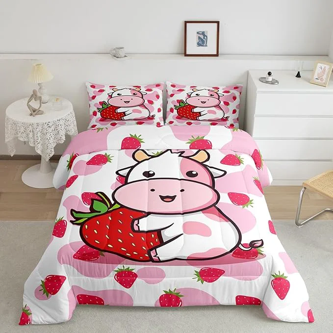 Flexible Feelyou Milk Cow Comforter Pink White Cow Strawberry Pattern Comforter Set Bedding Set for Kids Adults Kawaii Girls Milk Cow Print Duvet Set Ultra Soft Room Decor Twin Size Quilt Set Fine