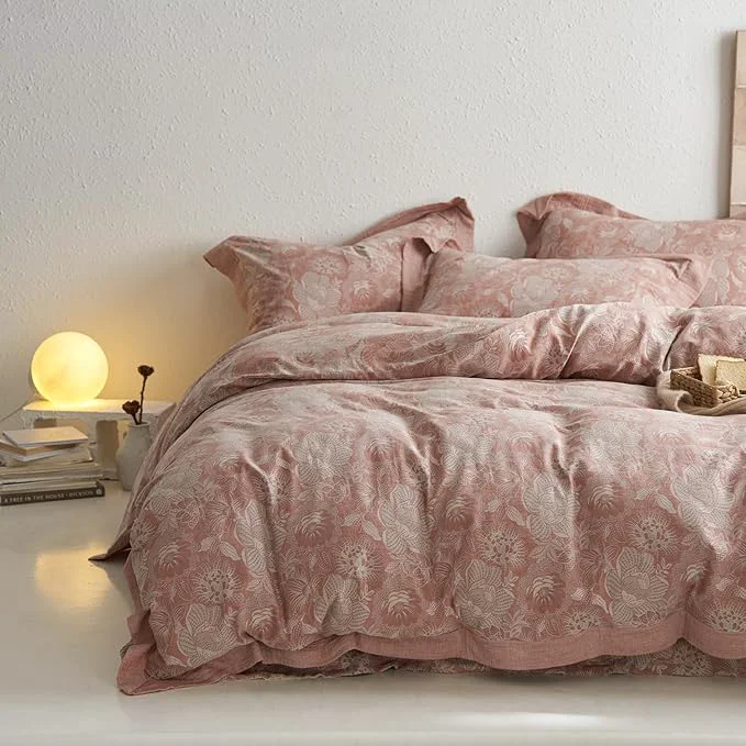 Dependable mixinni Duvet Cover Queen Premium Cotton Double-Layer Yarn Pink Floral Jacquard Comforter Cover with Edge Design Farmhouse Bedding Set with 2 Pillowcases for Him and Her-Queen Size Quality