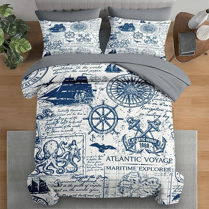 Responsible Comforter Set King Size Nautical Anchor Sailor Grey 7 Pcs Bedding for Kids and Adults Ocean Vintage Sea Bed Sheet Sets with Fitted Sheet 2 Pillowcases amp 2 Shams for Bedroom Bed Decor Proven
