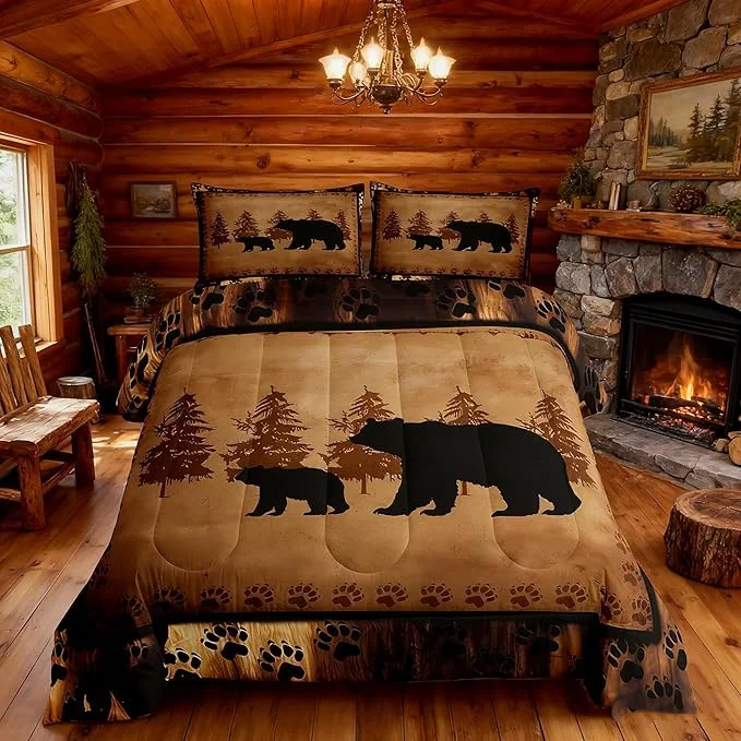 Convenient Farmhouse Wild Animal Comforter Set - Twin Size Retro Bear Family Bedding - Brown Bear Paws Duvet Set - 2Pcs World-Class