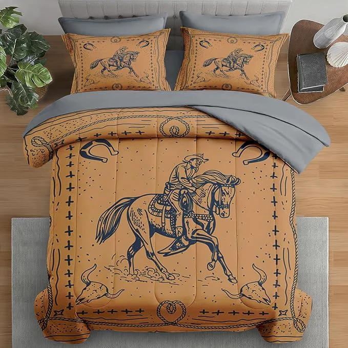 Safe Comforter Set Full Size Western Cowboy Retro 7 Pcs Bedding for Kids and Adults Vintage Horse Animal Bed Sheet Sets with Fitted Sheet 2 Pillowcases amp 2 Shams for Bedroom Bed Decor Elite