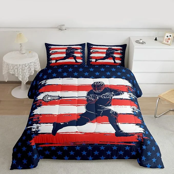 Proven Lacrosse Comforter Set Full Size Boys Gilrs American Flag Sports Theme Bedding Set for Kids Adults Ultra Soft Lacrosse Player Games Comforter Navy Blue Duvet Set Room Decor Quilt Set Sophisticated