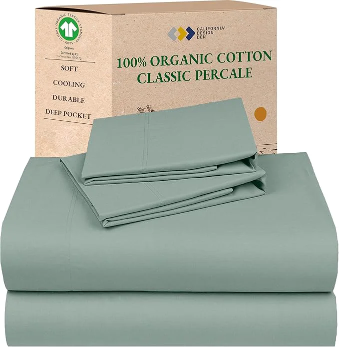 Recyclable California Design Den Cal King Sheet Set - Soft Organic Cotton Crisp and Cool Percale Sheets Deep Pockets with Anti-Skid Elastic Breathable and Durable Bedding Set - Sage Green Next-Generation