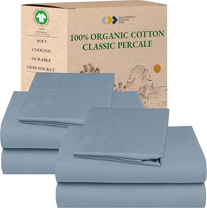 Relaxed California Design Den 2-Pack Twin Bed Sheets Set - Organic Cotton Crisp Percale Deep Pocket Twin Sheet Set Lightweight Bedding Set - Blue Hydrangea Functional