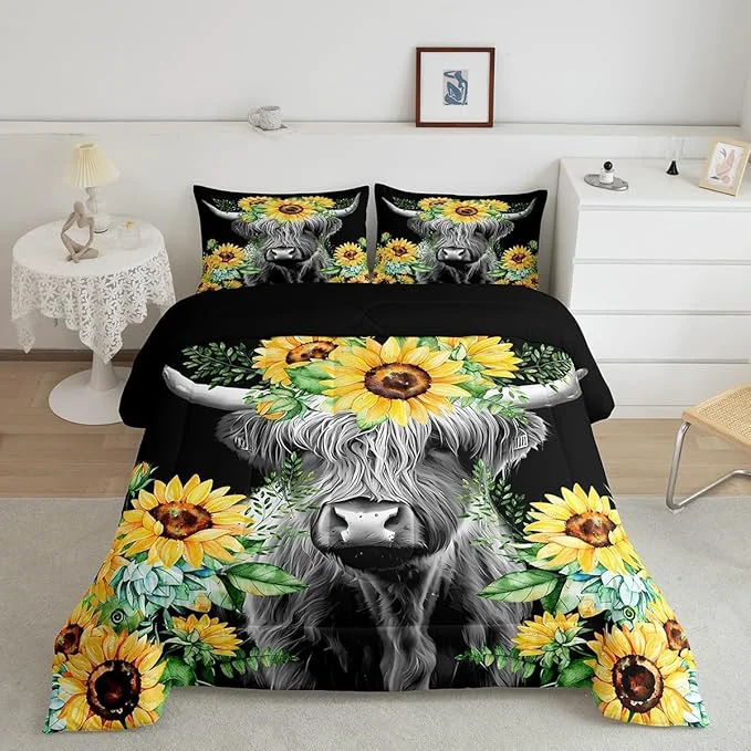 High-Grade Feelyou Highland Cow Bedding Set Kids Sunflower Floral Western Cow Bull Comforter Set for Girls Teens Farmhouse Wildlife Animal Comforter Black Duvet Set Room Decor Quilt Set Toddler Size Trusted