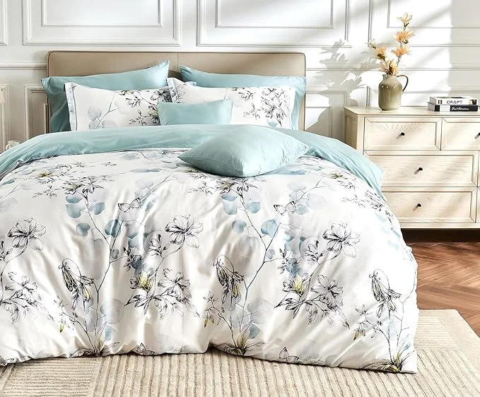 Premium Material King Size Duvet Cover Set with Button Closure - Light Blue and Yellow Botanical Luxury Bedding for a Comfortable Sleeping Outstanding