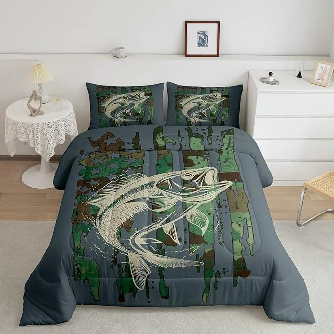 Sustainable Feelyou Bass Fish Comforter Set King Size Green Camouflage Bedding Set for Fishing Lover Gifts Boys Girls Camo Pike Fish Fishing Comforter Wild Fisherman Bed Set Rustic Cabin Bedroom Decor Comfortable