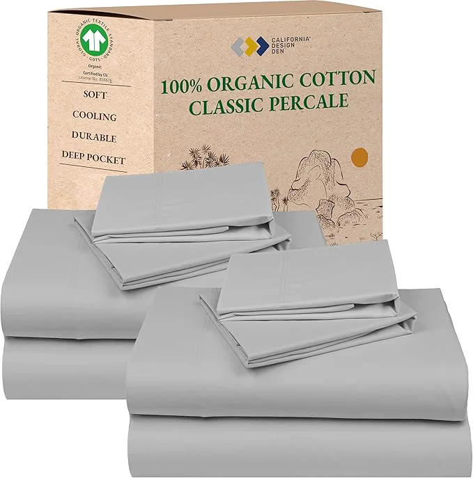 Premium California Design Den 2-Pack King Size Sheets Set - Organic Cotton Crisp and Breathable Percale Feel Deep Pocket King Sheet Sets Lightweight Bedding - Light Grey Fast