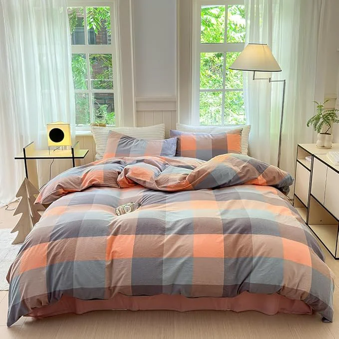 Flexible FACE TWO FACE Bedding Duvet Cover Set Washed Cotton Duvet Cover Linen Like Textured Breathable Durable Soft Comfy Queen Cookie Powder Grid Solid