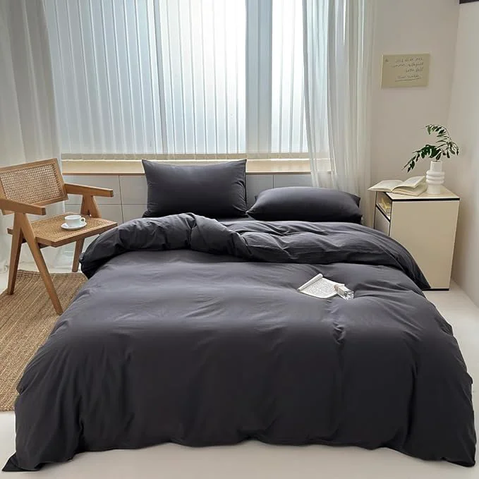 High-Quality FACE TWO FACE Bedding Duvet Cover Set Washed Cotton Duvet Cover Linen Like Textured Breathable Durable Soft Comfy Twin Volcanic Black Lightweight