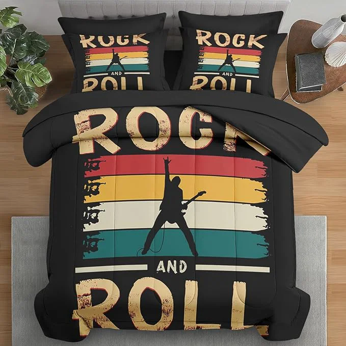 Detailed Comforter Set King Size Rock Roll Music Vintage 7 Pcs Bedding for Kids and Adults Retro Guitar Disco Bed Sheet Sets with Fitted Sheet 2 Pillowcases amp 2 Shams for Bedroom Bed Decor Enhanced