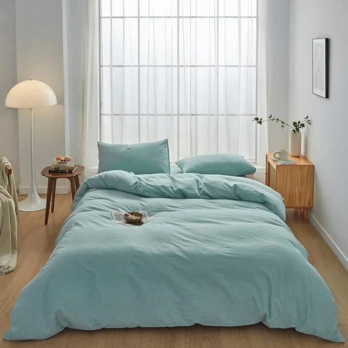 Verified FACE TWO FACE Bedding Duvet Cover Set Washed Cotton Duvet Cover Linen Like Textured Breathable Durable Soft Comfy Full Dusty Blue Proven