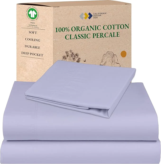 Solid California Design Den Twin Size Bed Sheets Set - Soft Organic Sheets with Deep Pockets Crisp Percale Breathable and Durable Organic Cotton Bedding Set - Lavender Mist Premium