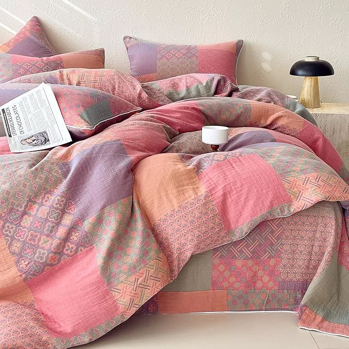 Artisan mixinni Cotton Double Layer Yarn Duvet Cover Set Vintage Patchwork Floral Jacquard Textured Comforter Cover Reversible Boho Bedding Set with Pillowcases for All Season-Queen Size Reusable