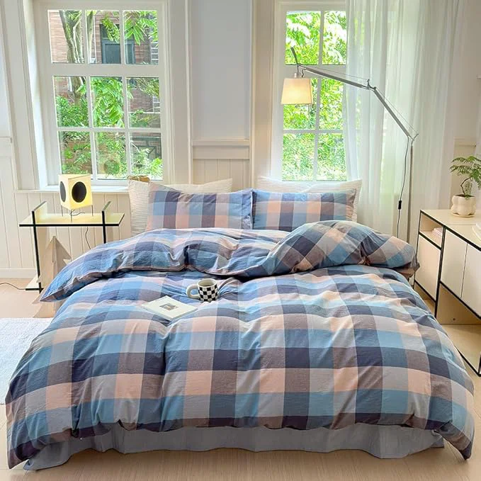 Fine FACE TWO FACE Bedding Duvet Cover Set Washed Cotton Duvet Cover Linen Like Textured Breathable Durable Soft Comfy Full Cardamom Blue Grid Premium Material