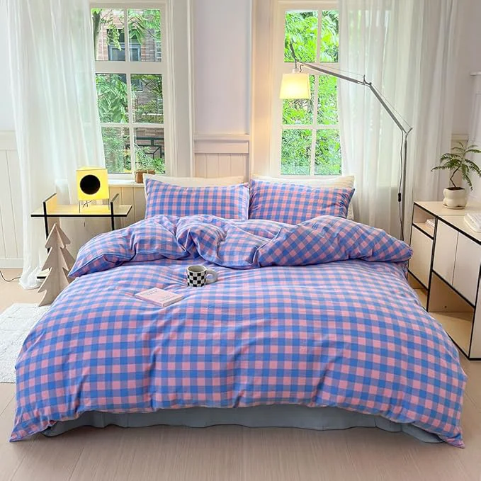 Smart FACE TWO FACE Bedding Duvet Cover Set Washed Cotton Duvet Cover Linen Like Textured Breathable Durable Soft Comfy California King Blue Purple Grid
