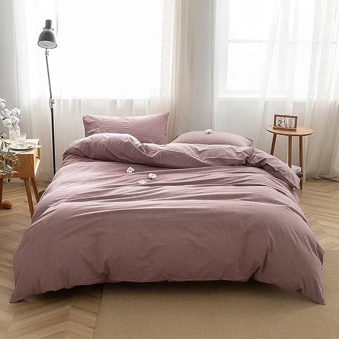 Convenient FACE TWO FACE Bedding Duvet Cover Set Washed Cotton Duvet Cover Linen Like Textured Breathable Durable Soft Comfy Full Purple Bean Paste Reusable