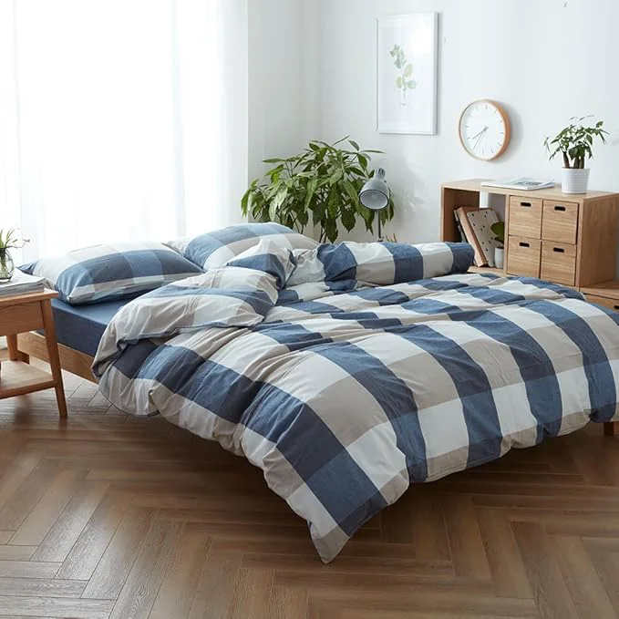 Artisan FACE TWO FACE Bedding Duvet Cover Set Washed Cotton Duvet Cover Linen Like Textured Breathable Durable Soft Comfy King Blue and White Grid High-End