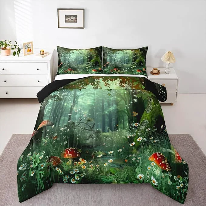 Genuine Erosebridal al Comforter Set Full Size Mushroom Bedding Set for Girls Women Kids Teens Daisy Leaves Branches Sunset Nature Duvet Insert Cute Style Soft Warm Quilted Duvet Bedroom Decor Green Excellent