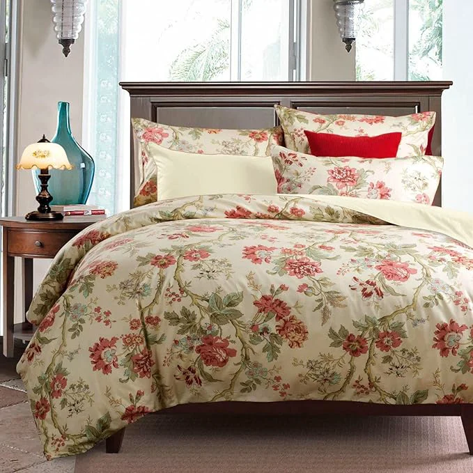 Solid mixinni Red Floral Duvet Cover Queen Green Leaves Pattern Bedding Duvet Cover Set with Zipper Closure 4 Corner Ties for Him and Her- 3pcs Queen Size Trusted