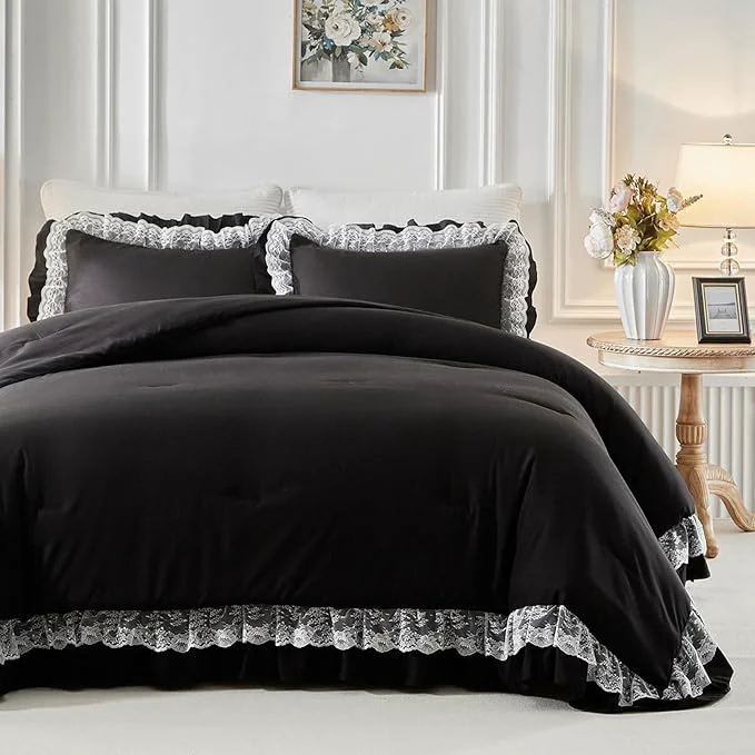 Premium Joyreap Queen Size Comforter Set Black 3pcs Lace Ruffled Bedding Comforter Set Microfiber Vintage Gothic Boho Chic Bedding Set for All Season- 88x88 inches Fast