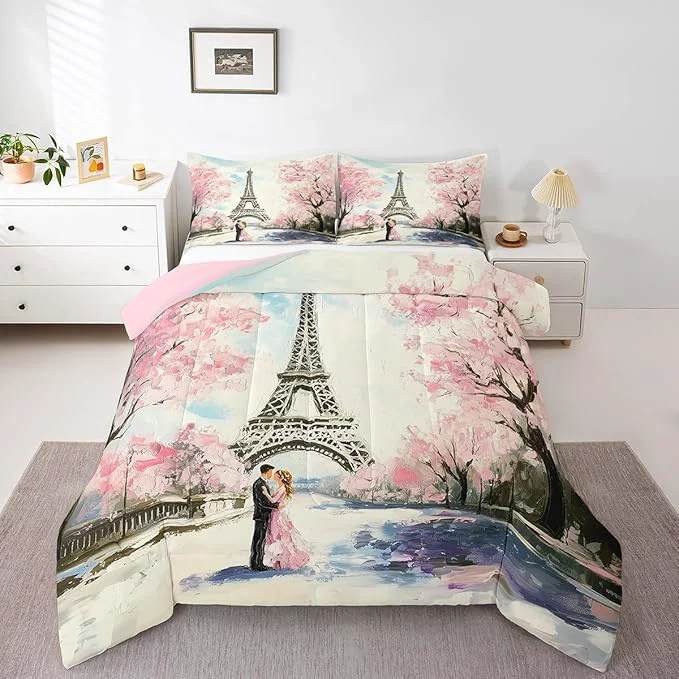 Proven Paris Decor Comforter Set King Girly French Eiffel Tower Bedding Sets For Girls Kids Women Couple Bedroom Pink Cherry Blossoms Duvet Insert Watercolor Paris Tower Comforter Valentine 3 Pieces Elegant