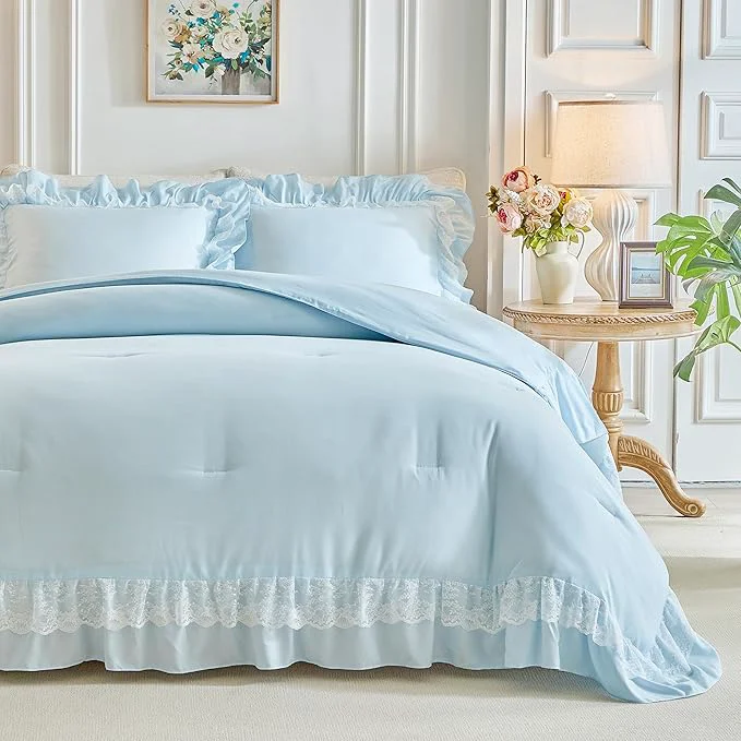 World-Class Joyreap Queen Size Comforter Set Blue 3pcs Lace Ruffled Bedding Comforter Set Microfiber Vintage Boho Chic Bedding Set for All Season- 88x88 inches Contemporary