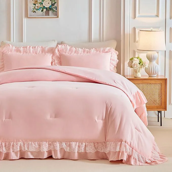 Enhanced Joyreap King Size Comforter Set Blush Pink 3pcs Lace Ruffled Bedding Comforter Set Microfiber Vintage Boho Chic Bedding Set for All Season- 100x88 inches Smooth
