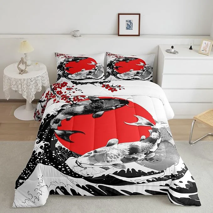 Pure Mount Fuji Quilt Japanese Style Koi Fish Duvet Insert Ukiyo-E Theme Comforter Set Mountain Cherry Blossom Red Sun Ink Painting Down Comforter 3 Pieces with 2 Pillow Cases Full Size Black White Superior