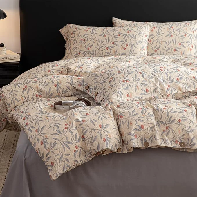 Reusable mixinni Cotton Linen Floral Duvet Cover Set Vintage Botanical Print Comforter Cover with Wooden Buttons Soft Breathable Blue Red Floral Boho Farmhouse Bedding Set for All Season-Queen Size Quality