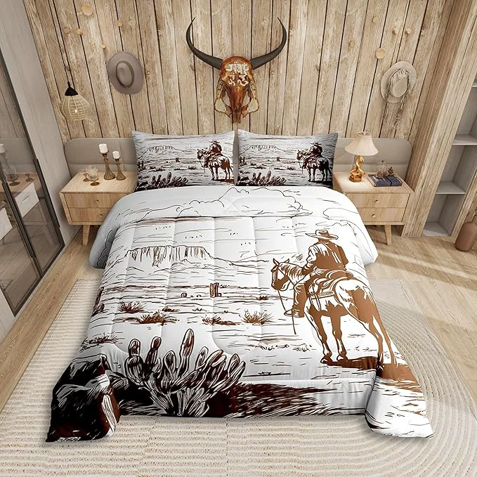 Crafted Western Comforter Set King Farmhouse Cowboy Bedding Set Western Bedding Country Southwest Desert Down Comforter American Wild Cactus Duvet Insert Vintage Hand Drawn Print 3Pcs Quilt for Boys Men Healthy